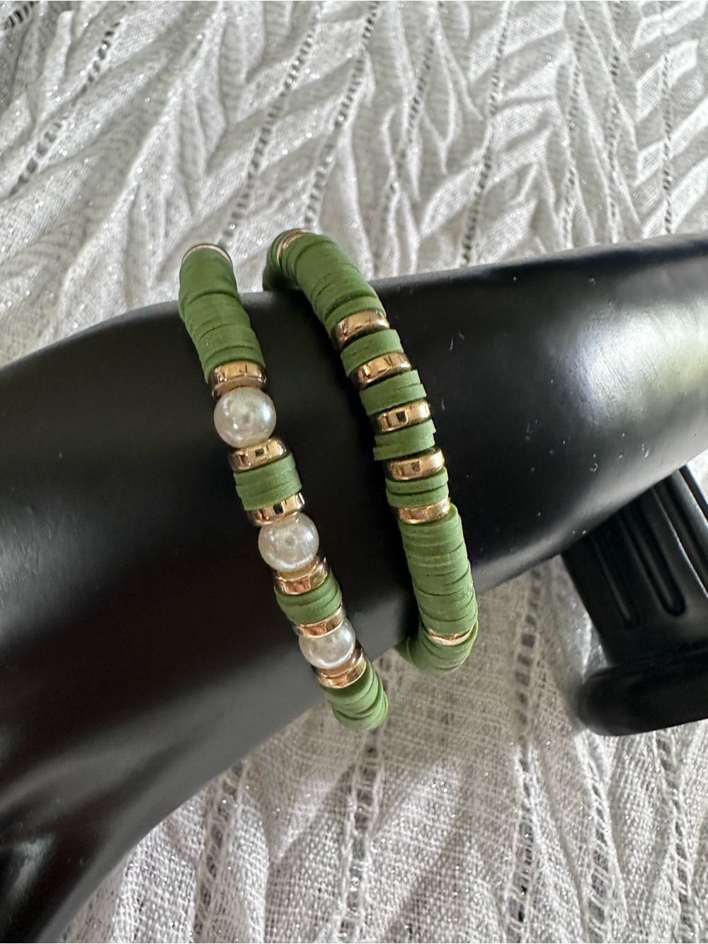 Sage Green Bead Handmade Stretch Bracelet Set with Pearl and Gold Accents